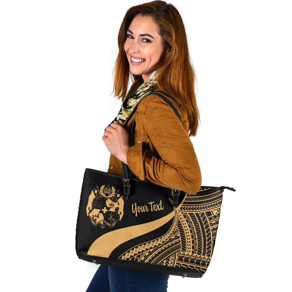 Tonga Custom Personalised Large Leather Tote Bag - Gold Polynesian Tentacle Tribal Pattern Gold - Polynesian Pride