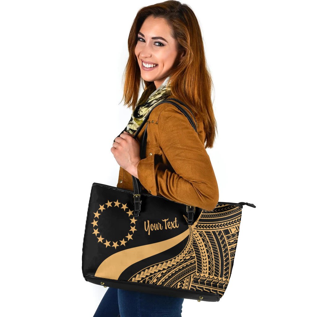 Cook Islands Custom Personalised Large Leather Tote Bag - Gold Polynesian Tentacle Tribal Pattern Gold - Polynesian Pride