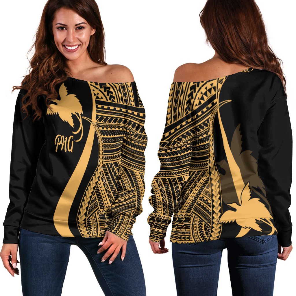 Papua New Guinea Women's Off Shoulder Sweater - Gold Polynesian Tentacle Tribal Pattern Gold - Polynesian Pride
