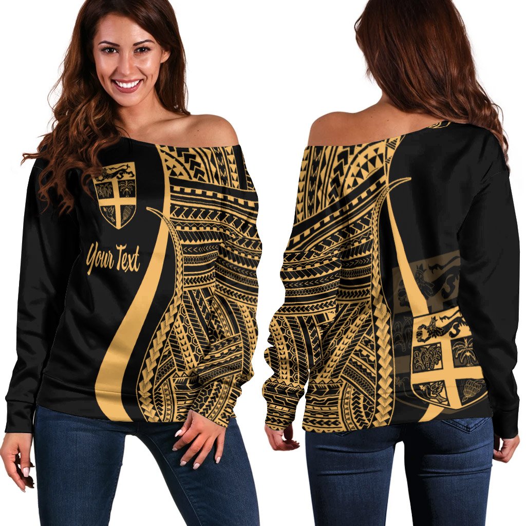 Fiji Custom Personalised Women's Off Shoulder Sweater - Gold Polynesian Tentacle Tribal Pattern Gold - Polynesian Pride