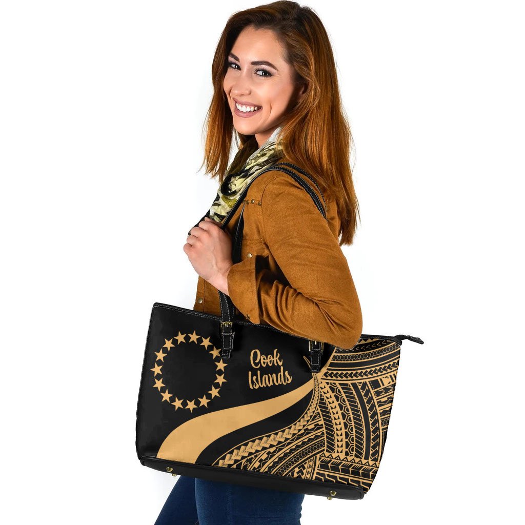 Cook Islands Large Leather Tote Bag - Gold Polynesian Tentacle Tribal Pattern Gold - Polynesian Pride