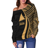 Tokelau Women's Off Shoulder Sweater - Gold Polynesian Tentacle Tribal Pattern - Polynesian Pride