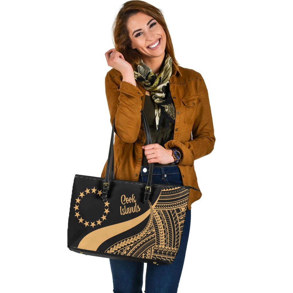 Cook Islands Large Leather Tote Bag - Gold Polynesian Tentacle Tribal Pattern - Polynesian Pride
