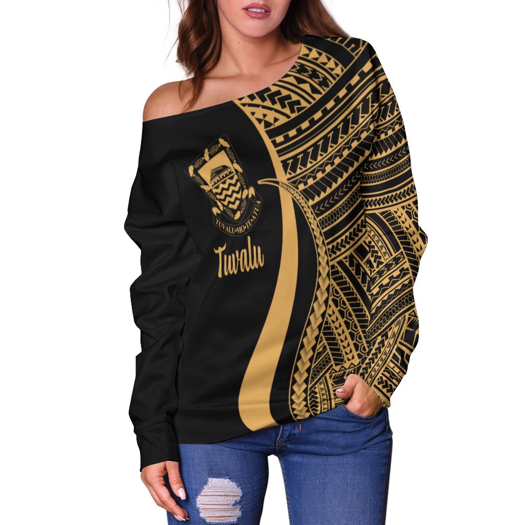 Tuvalu Women's Off Shoulder Sweater - Gold Polynesian Tentacle Tribal Pattern - Polynesian Pride