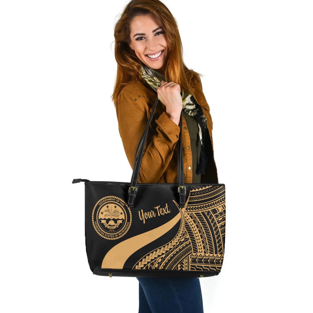 Federated States of Micronesia Custom Personalised Large Leather Tote Bag - Gold Polynesian Tentacle Tribal Pattern - Polynesian Pride