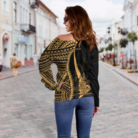 New Caledonia Custom Personalised Women's Off Shoulder Sweater - Gold Polynesian Tentacle Tribal Pattern - Polynesian Pride