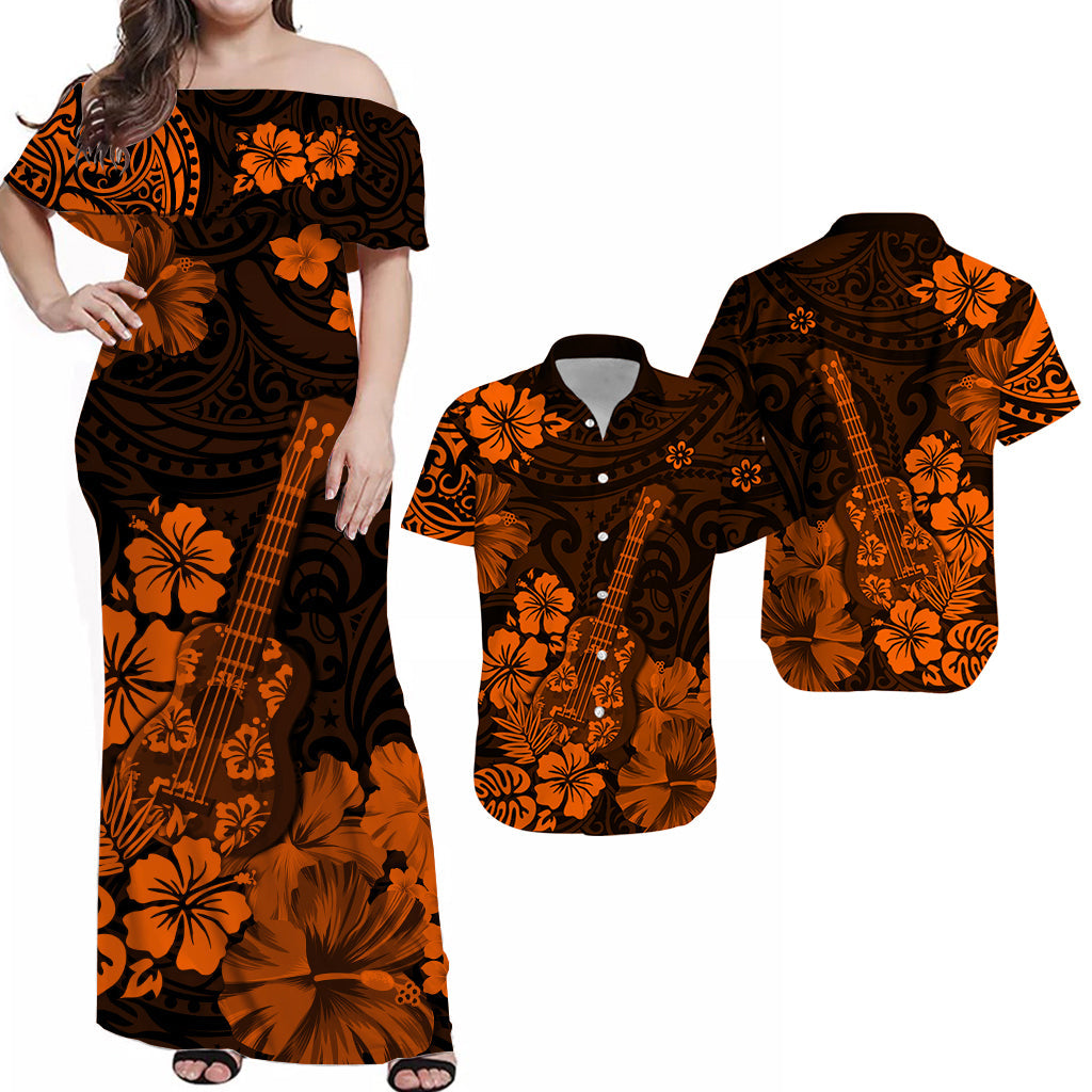 Hawaii Matching Dress and Hawaiian Shirt Polynesia Orange Ukulele Flowers LT13 Orange - Polynesian Pride
