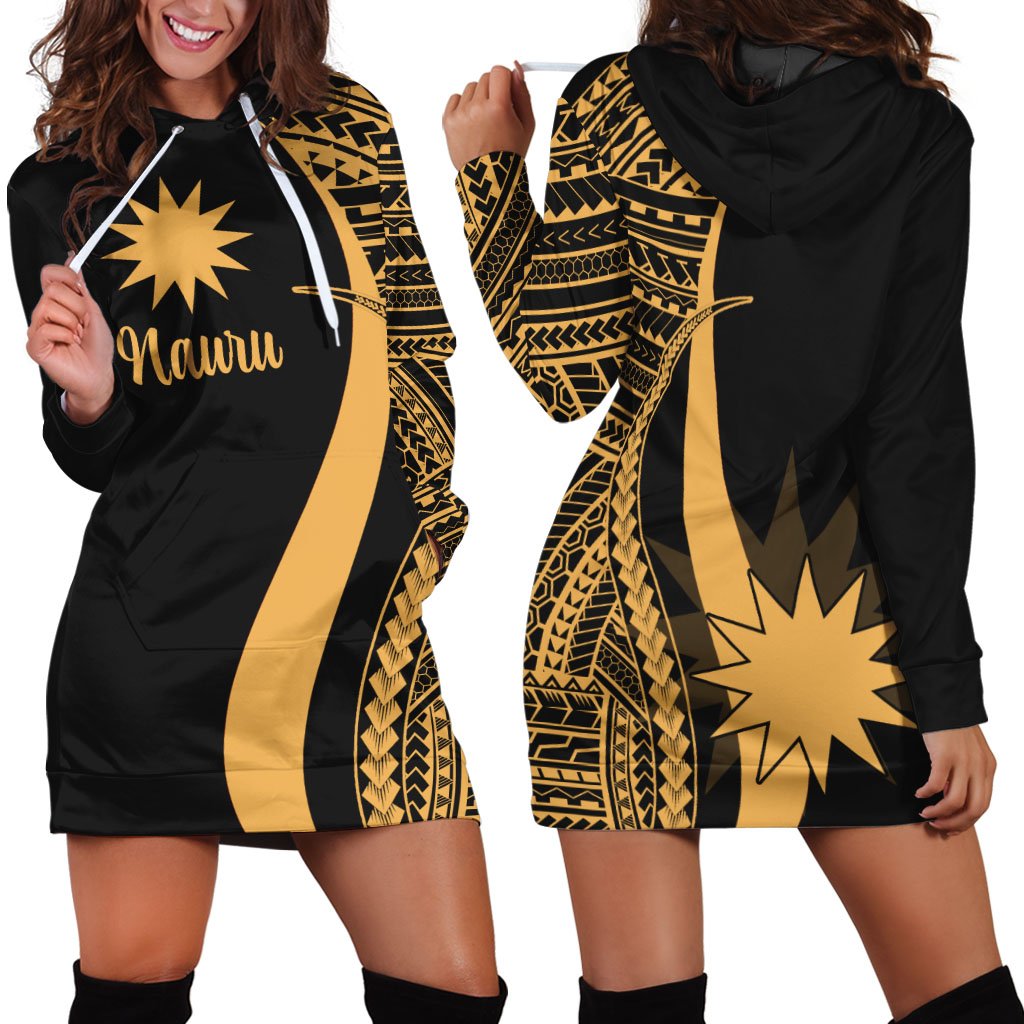 Nauru Women's Hoodie Dress - Gold Polynesian Tentacle Tribal Pattern Gold - Polynesian Pride