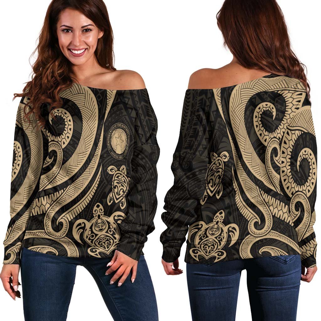 Northern Mariana Islands Women's Off Shoulder Sweater - Gold Tentacle Turtle Gold - Polynesian Pride