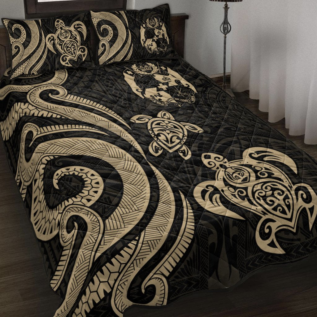 Tonga Quilt Bed Set - Gold Tentacle Turtle Gold - Polynesian Pride