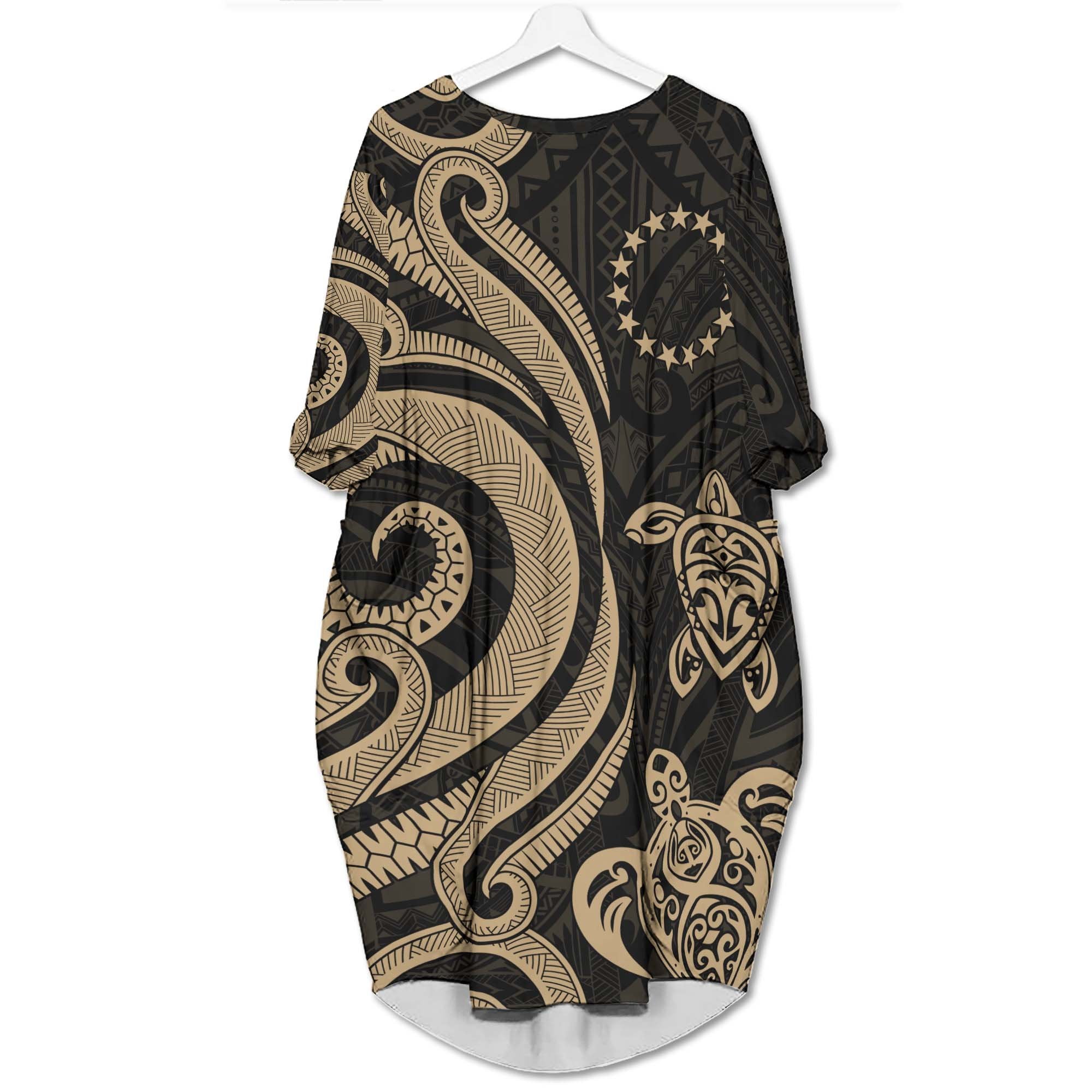 Cook Islands Batwing Pocket Dress - Gold Tentacle Turtle Women Gold - Polynesian Pride