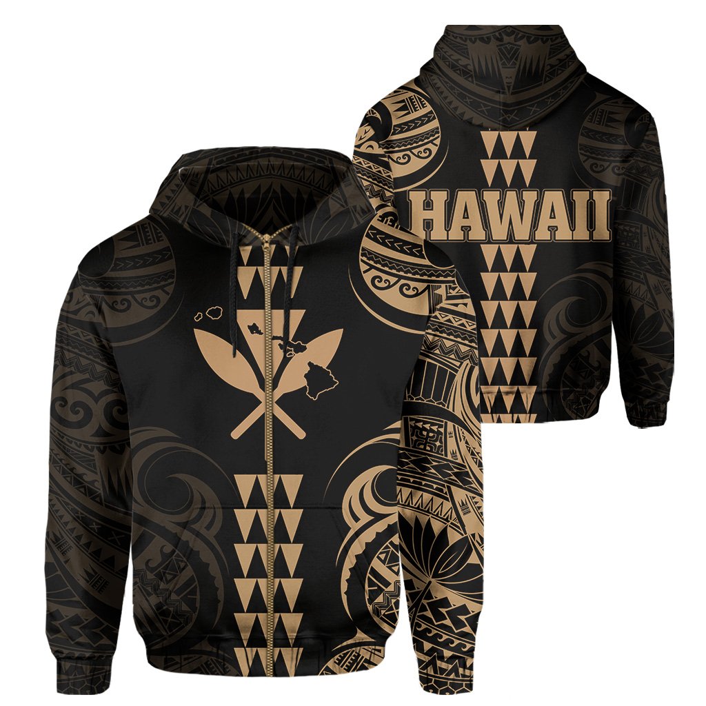 Kanaka Map Polynesian Kakau Hoodie (Zip up) Gold Unisex Gold - Polynesian Pride