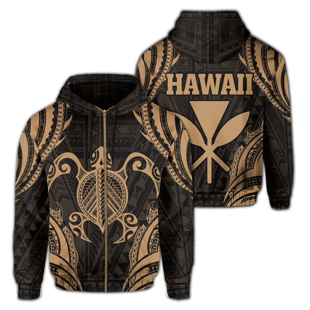 Polynesian Turtle Kanaka Maoli Hawaii Zip Hoodie Gold Unisex Gold - Polynesian Pride