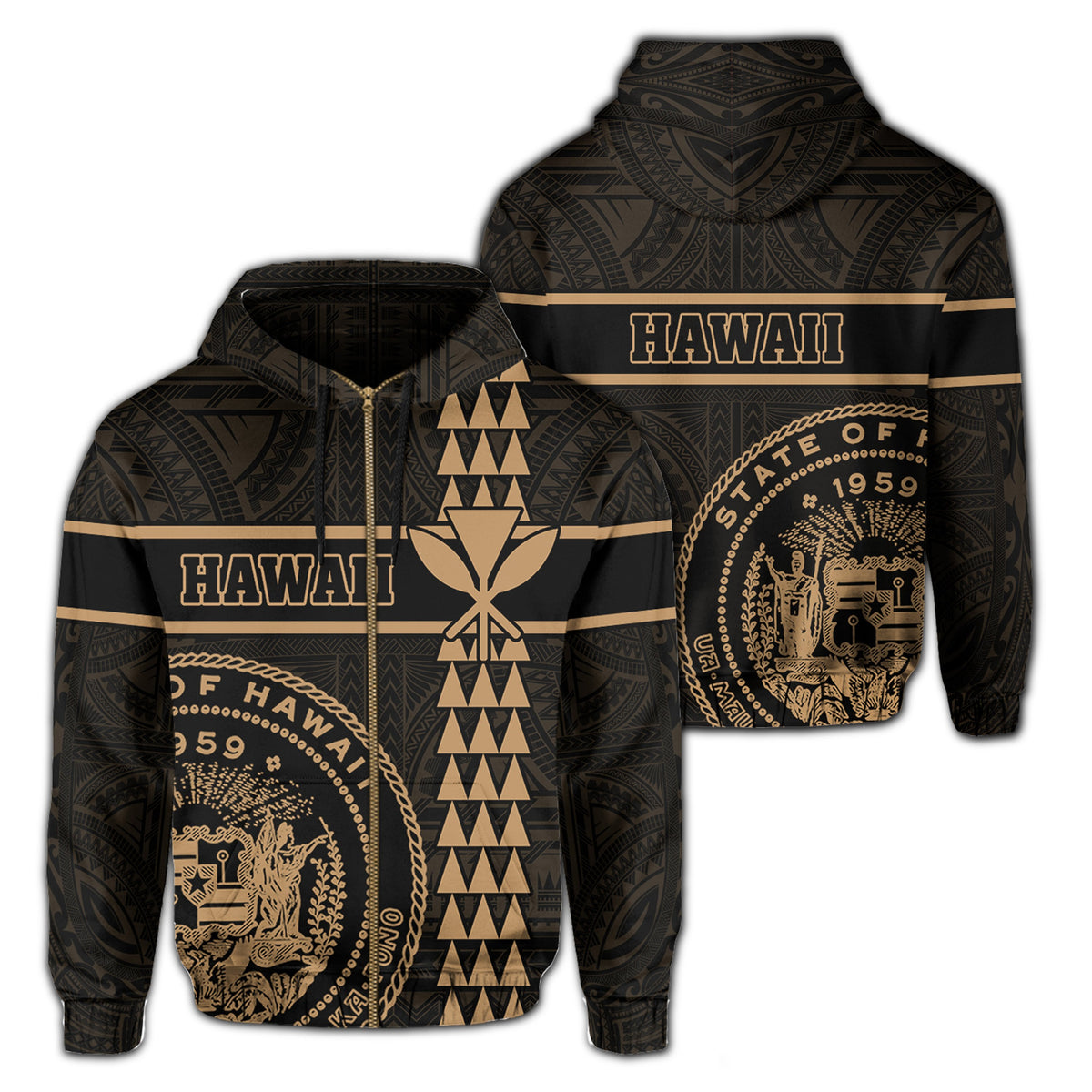 Polynesian Kakau Kanaka Seal of Hawaii Zip Hoodie Gold Unisex Gold - Polynesian Pride