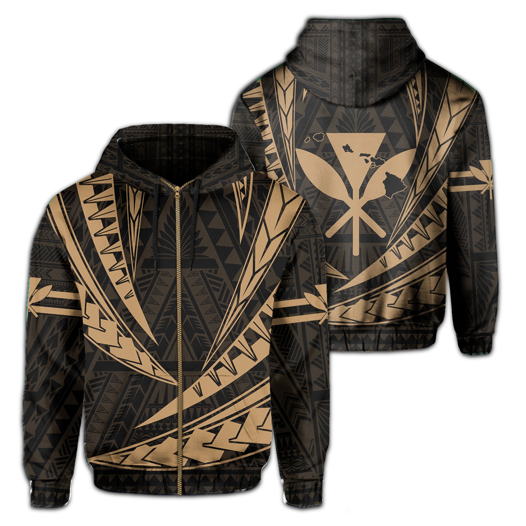 Polynesian Kakau Kanaka Maoli Map Hawaii Zip Hoodie Gold Unisex Gold - Polynesian Pride