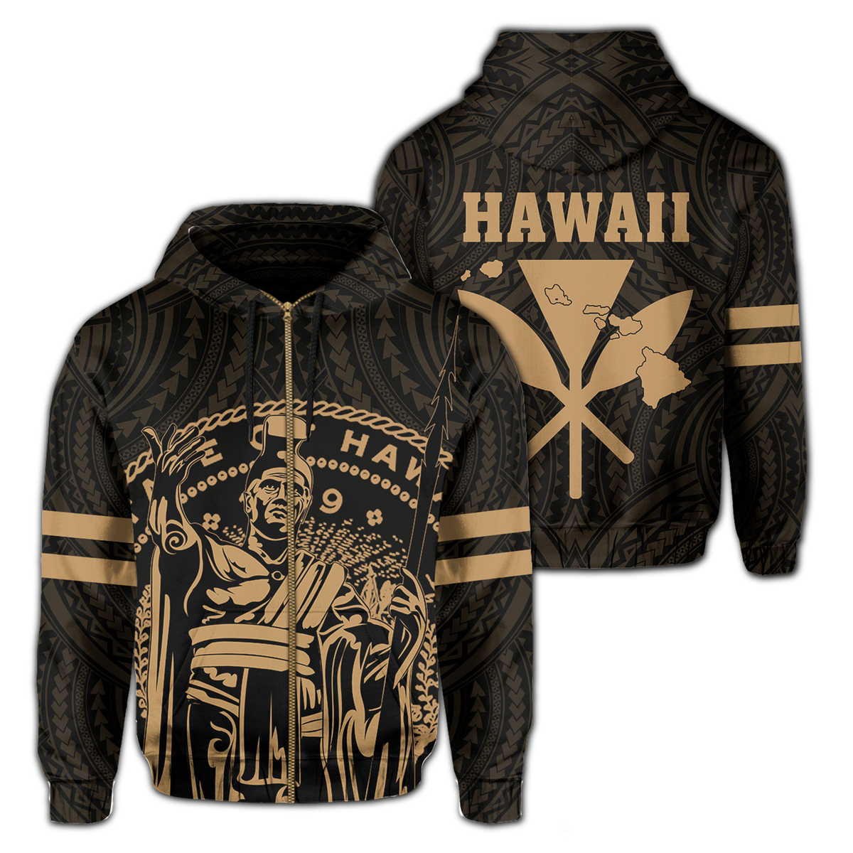 Polynesian King Kanaka Map Seal of Hawaii Zip Hoodie Gold Unisex Gold - Polynesian Pride