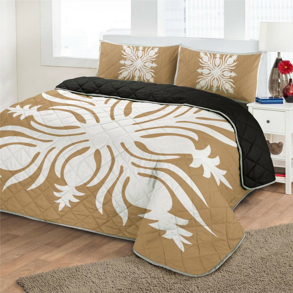 Hawaiian Royal Pattern Quilt Bed Set - Gold - K2 Style - AH - Polynesian Pride