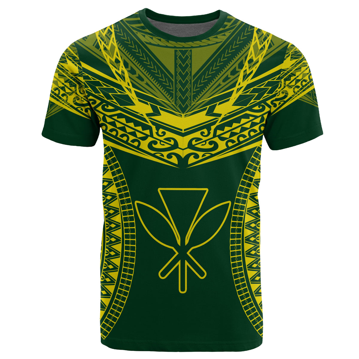Hawaiian Kanaka Map Football Jersey T Shirt Green and Yellow Roger Style - Polynesian Pride