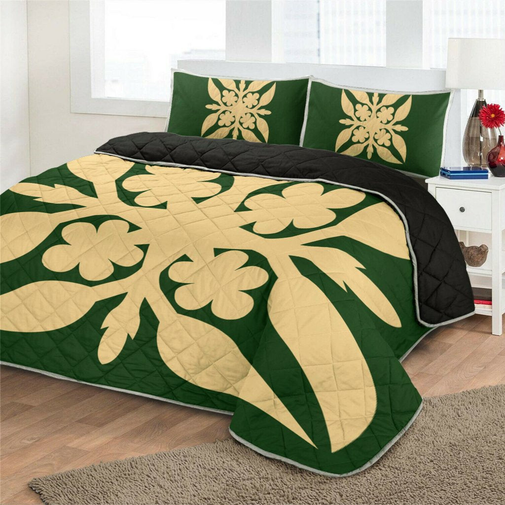 Hawaiian Royal Pattern Quilt Bed Set - Green - G1 Style - AH - Polynesian Pride