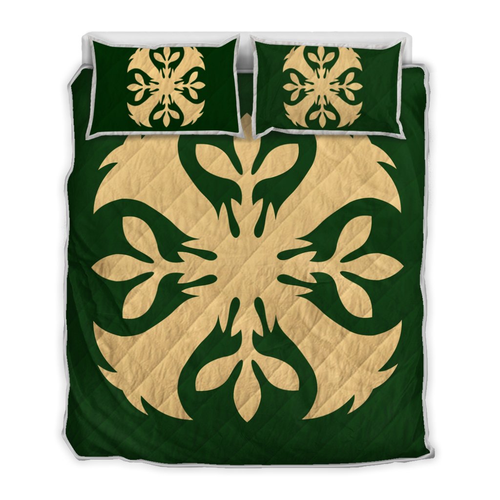 Hawaiian Royal Pattern Quilt Bed Set - Green - F3 Style - AH Green - Polynesian Pride