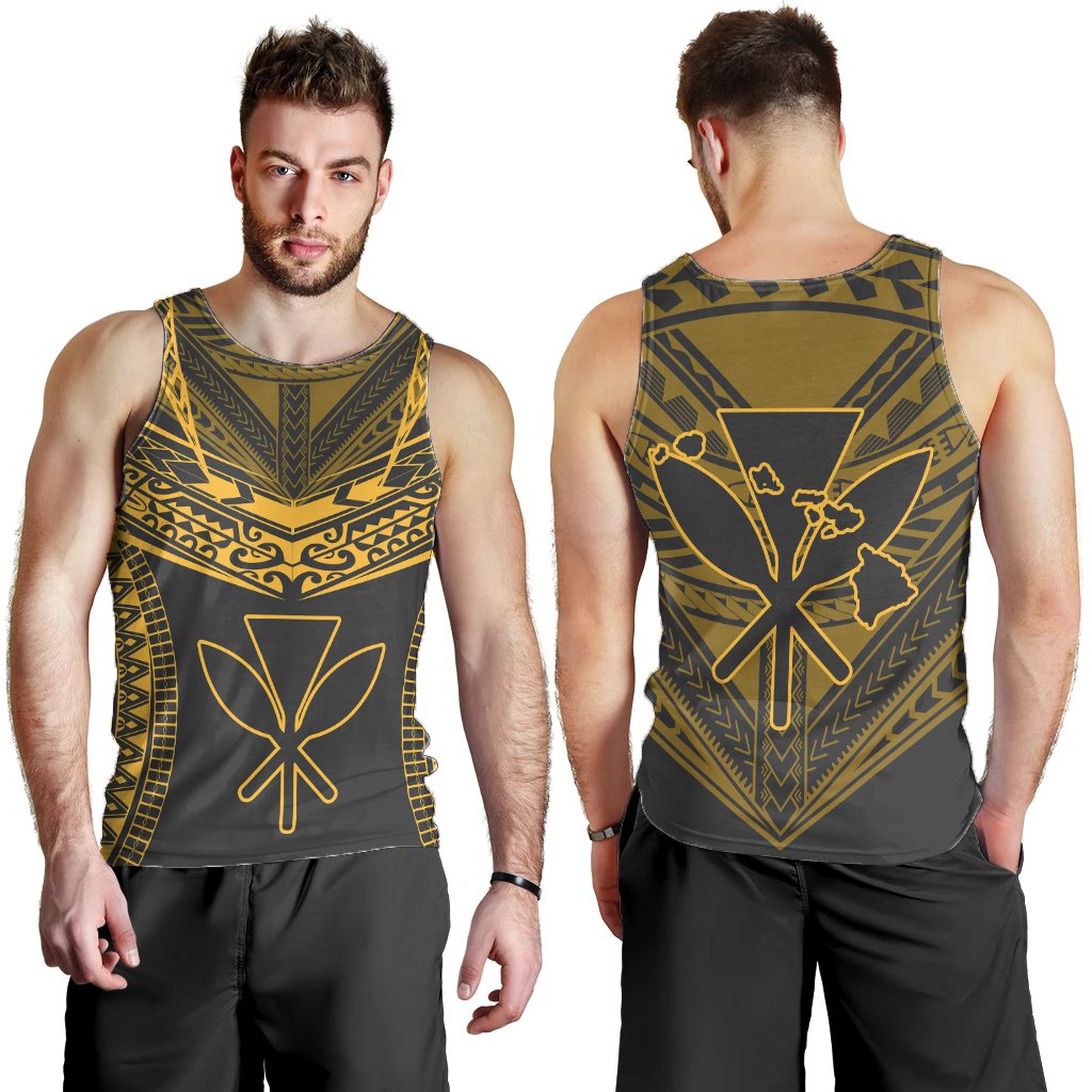 Hawaiian Kanaka Map Football Jersey Men's Tank Top - Grey And Yellow - Roger Style - AH Grey - Polynesian Pride