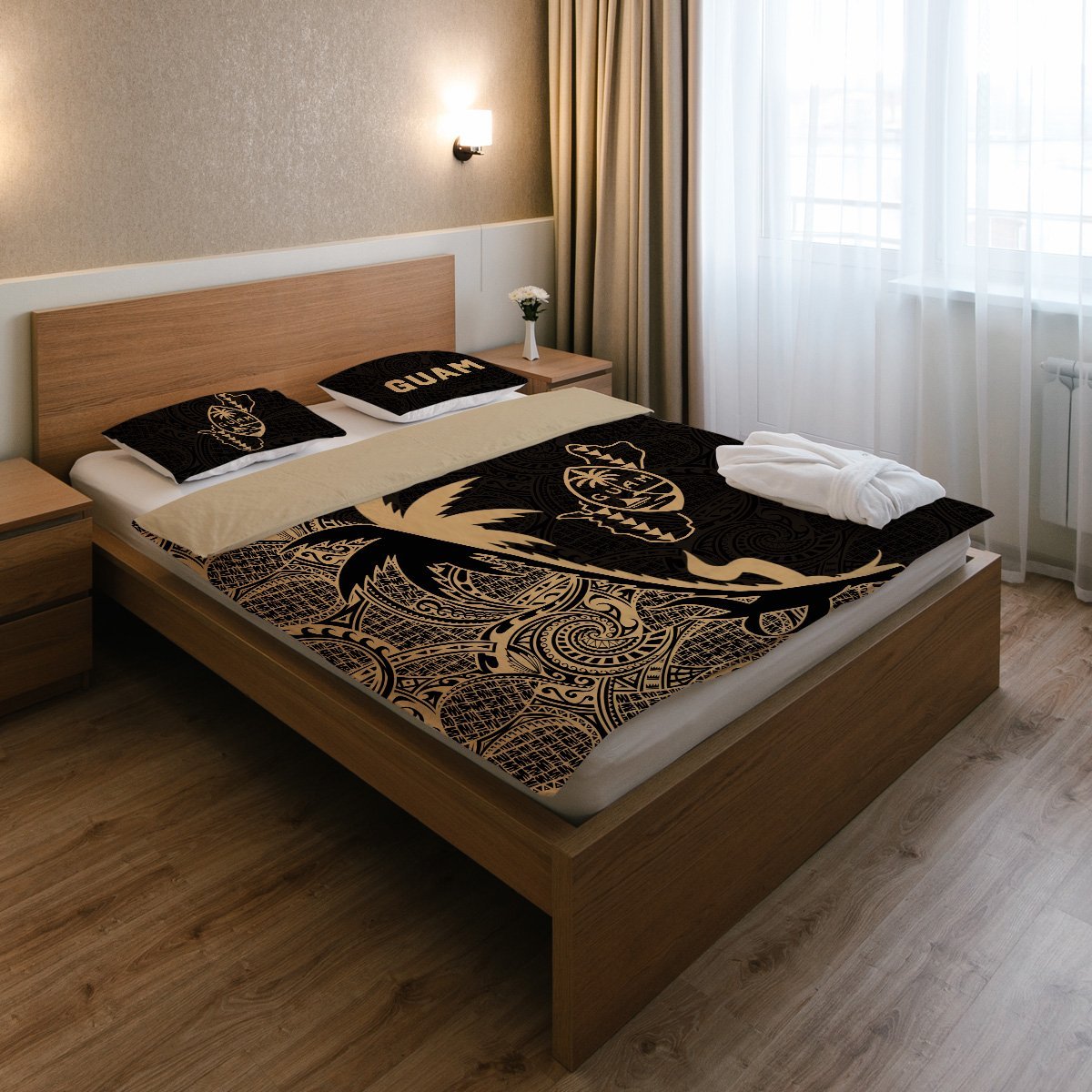 Guam Duvet Cover Set - Guam Coat Of Arms & Coconut Tree Gold - Polynesian Pride