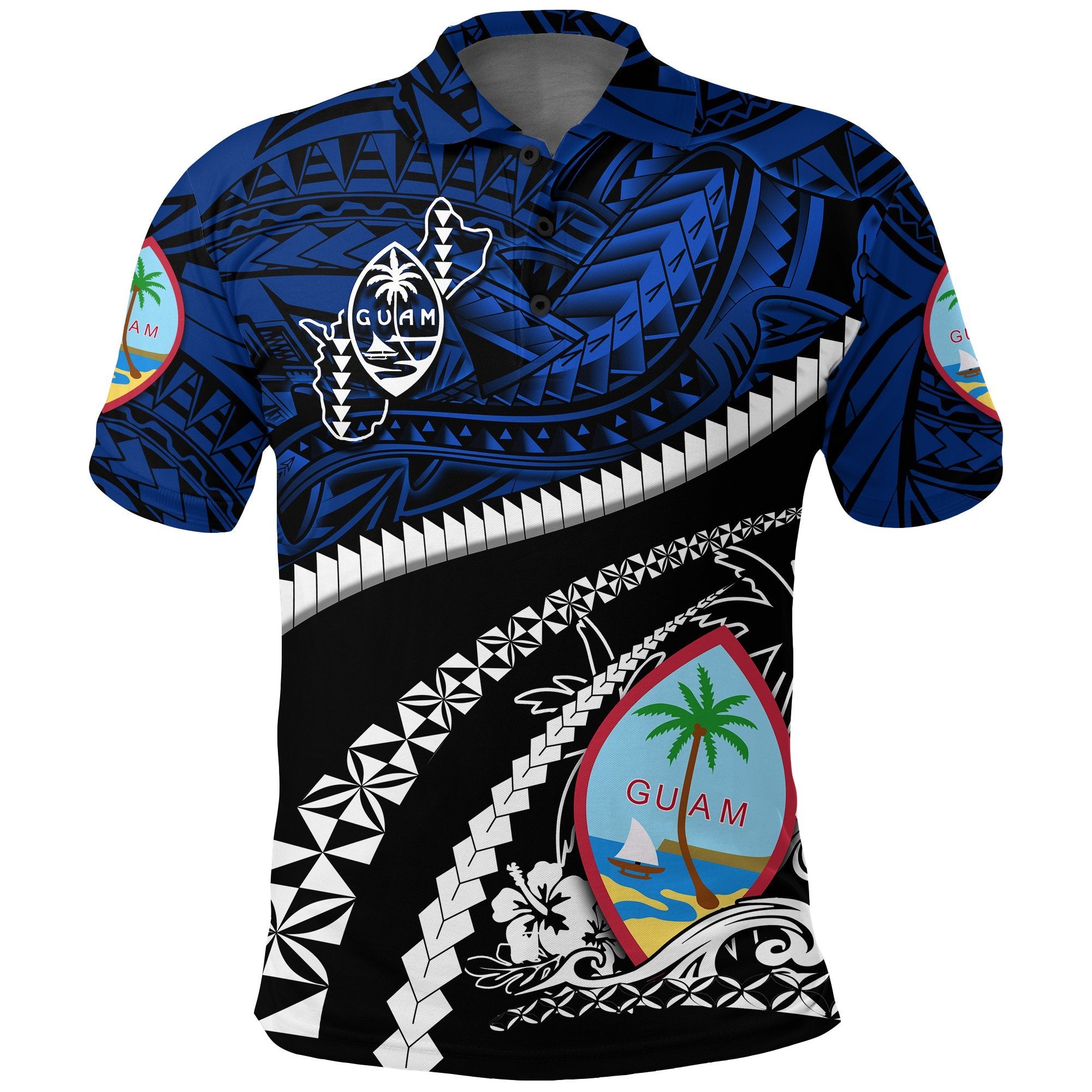 Guam Polo Shirt Polynesian Shark Tattoo Blue - Polynesian Pride
