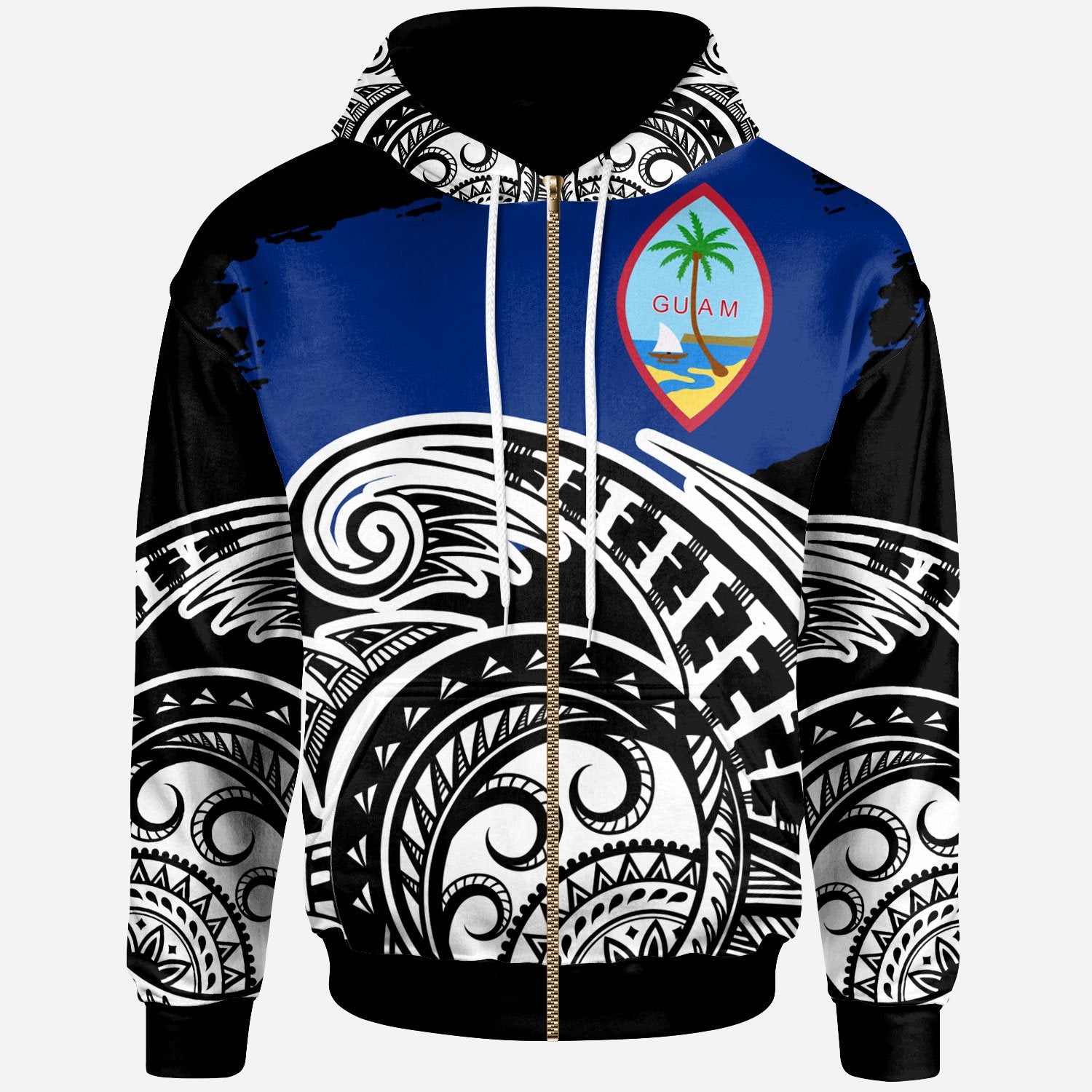 Guam Custom Zip Hoodie Ethnic Style With Round Black White Pattern Unisex Black - Polynesian Pride