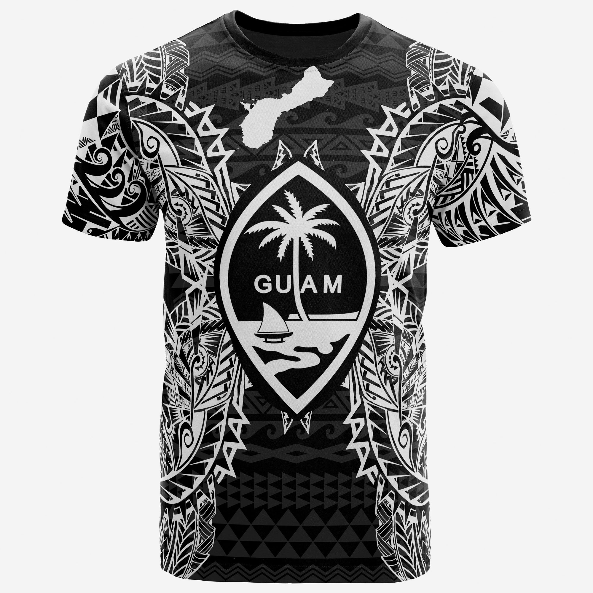 Guam T Shirt Guam Coat of Arms Map Polynesian Tattoo White Black Unisex Black - Polynesian Pride
