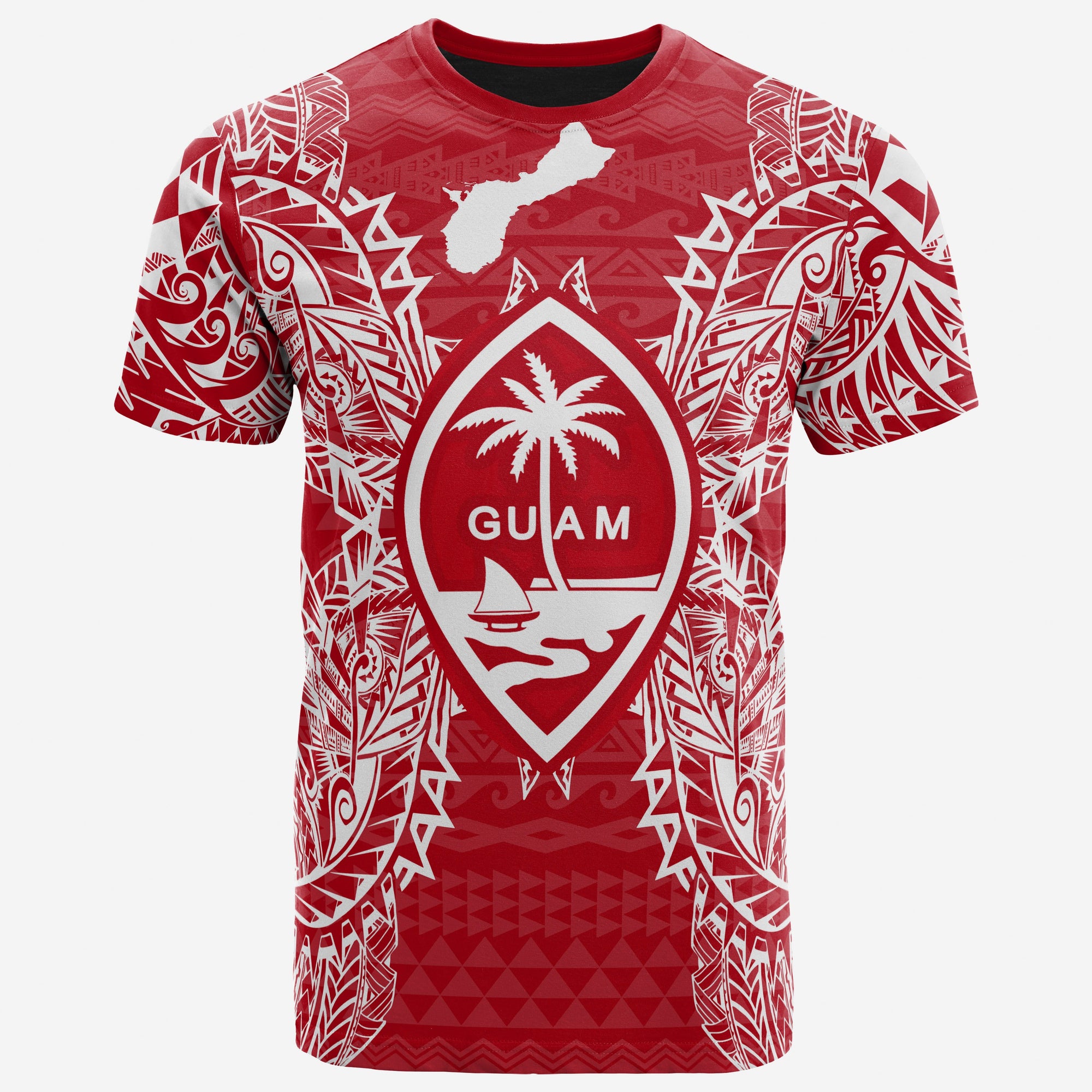 Guam T Shirt Guam Coat of Arms Map Polynesian Tattoo Red White Unisex Red - Polynesian Pride
