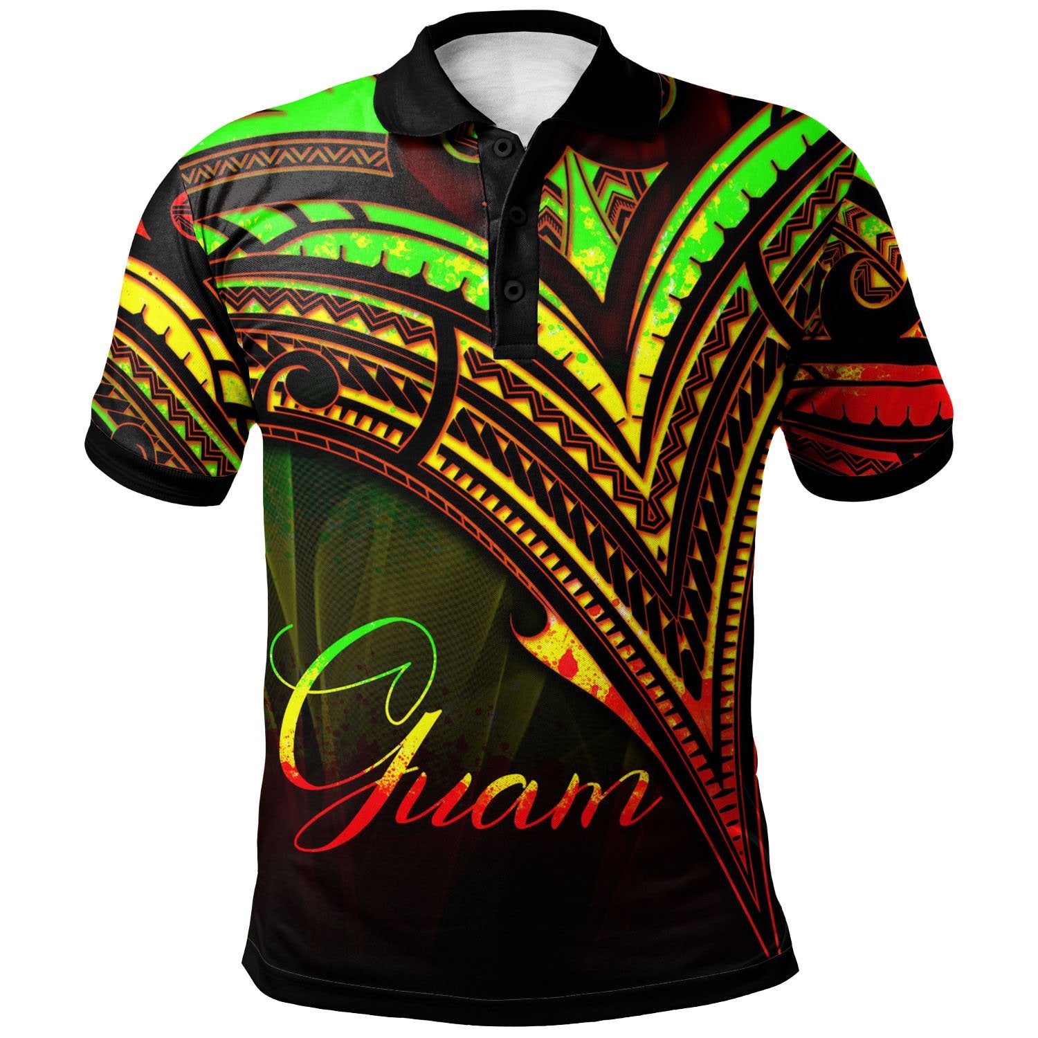 Guam Polo Shirt Reggae Color Cross Style Unisex Black - Polynesian Pride