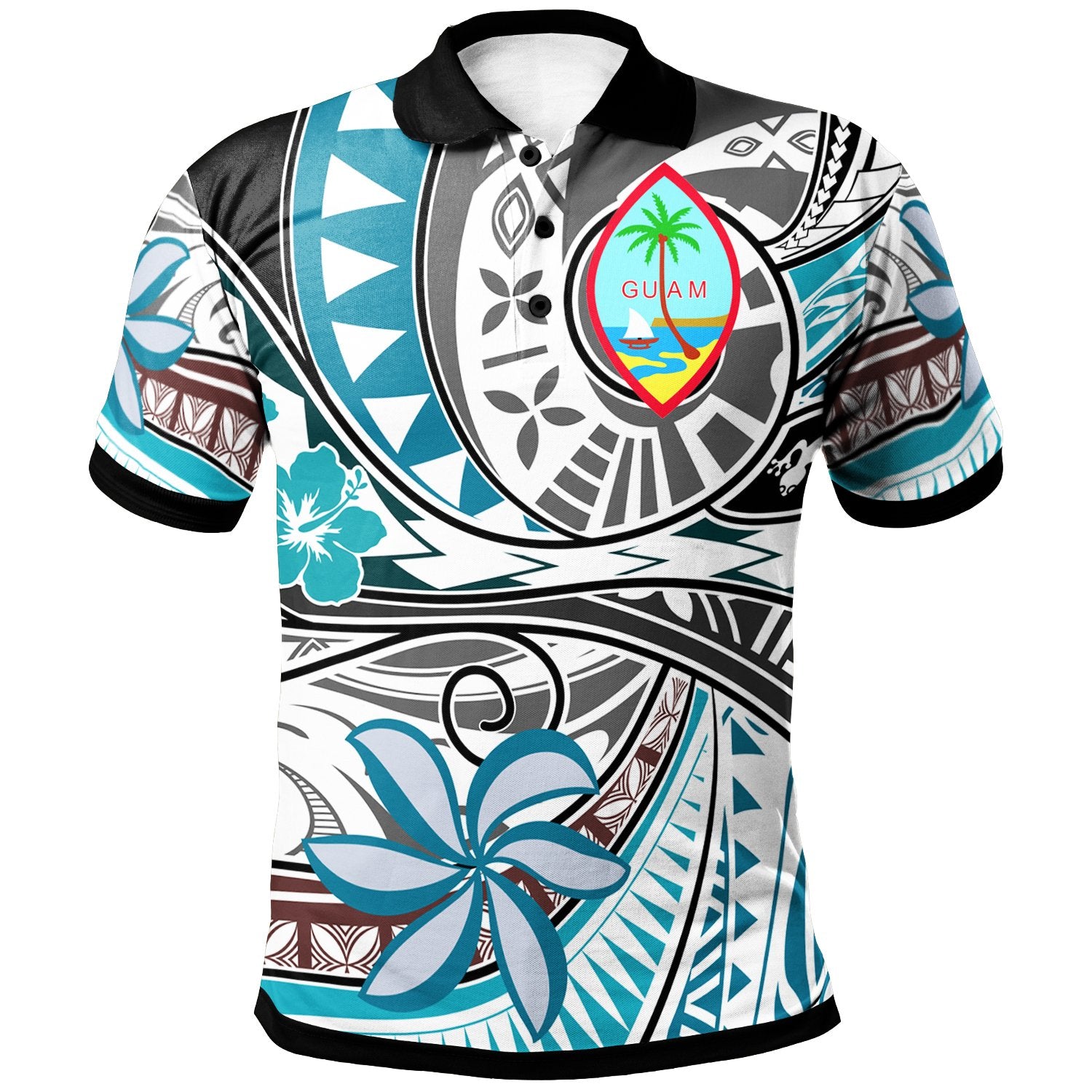 Guam Polo Shirt Flower and Flow Unisex Blue - Polynesian Pride