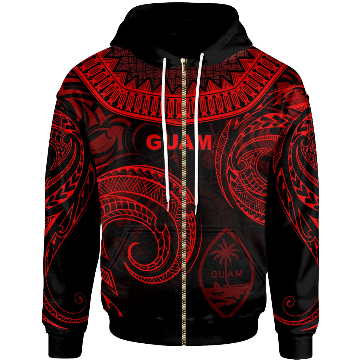 Guam Zip Hoodie Palm Leaf Texture Red Unisex Red - Polynesian Pride