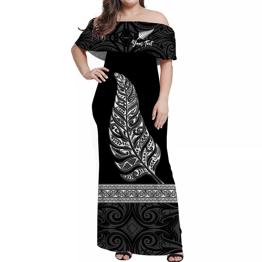 (Custom Personalised) New Zealand Off Shoulder Long Dress Maori Pattern Silver Fern Black LT13 Women Black - Polynesian Pride