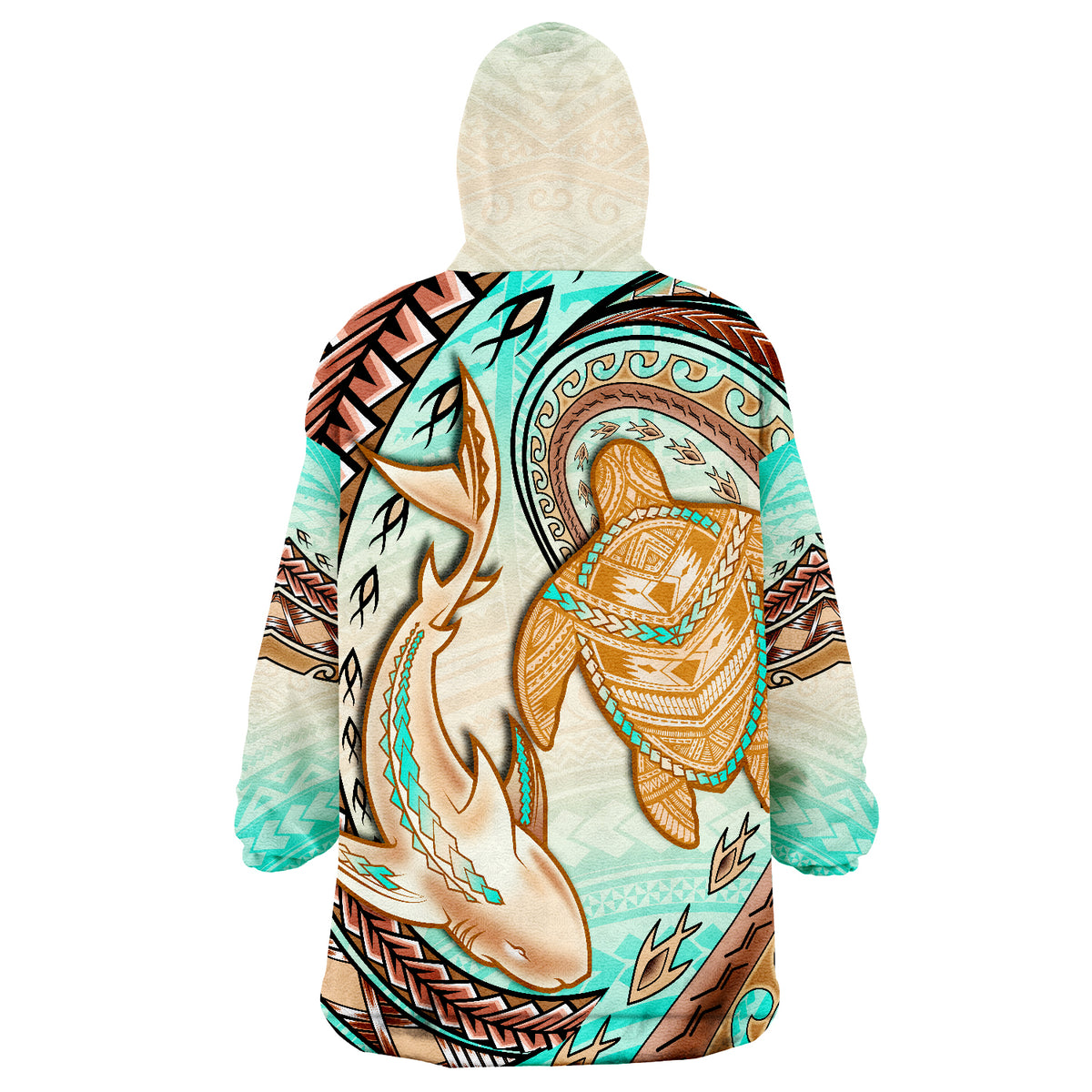 Hawaii Polynesian Shark And Sea Turtle Dreamy Turquoise Artsy Wearable Blanket Hoodie LT14 - Polynesian Pride