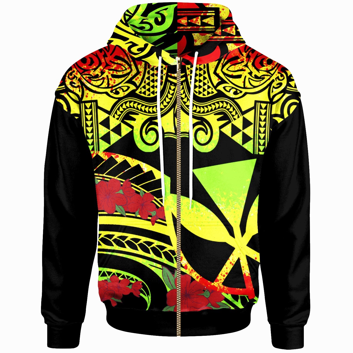 Hawaii Zip up Hoodie Polynesian Pattern Vintage Style Reggae Color Unisex Reggae - Polynesian Pride