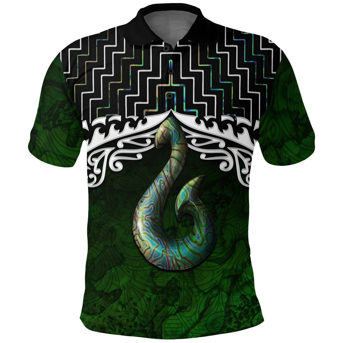 New Zealand Maori Polo Shirt, Poutama Hei Matau Paua Shell Golf Shirt Unisex Black - Polynesian Pride