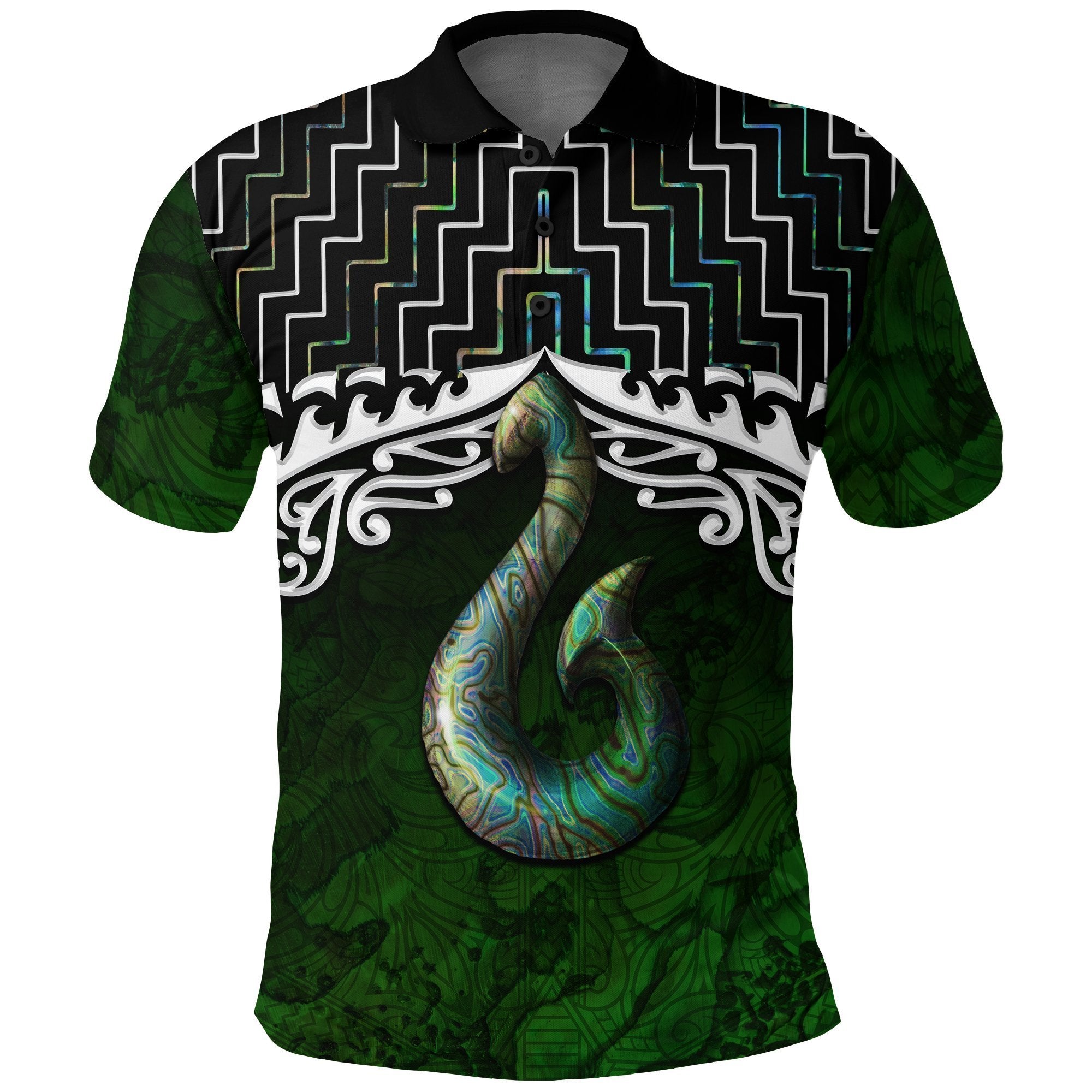 New Zealand Maori Polo Shirt, Poutama Hei Matau Paua Shell Golf Shirt Unisex Black - Polynesian Pride