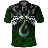 New Zealand Maori Polo Shirt, Poutama Hei Matau Paua Shell Golf Shirt Unisex Black - Polynesian Pride