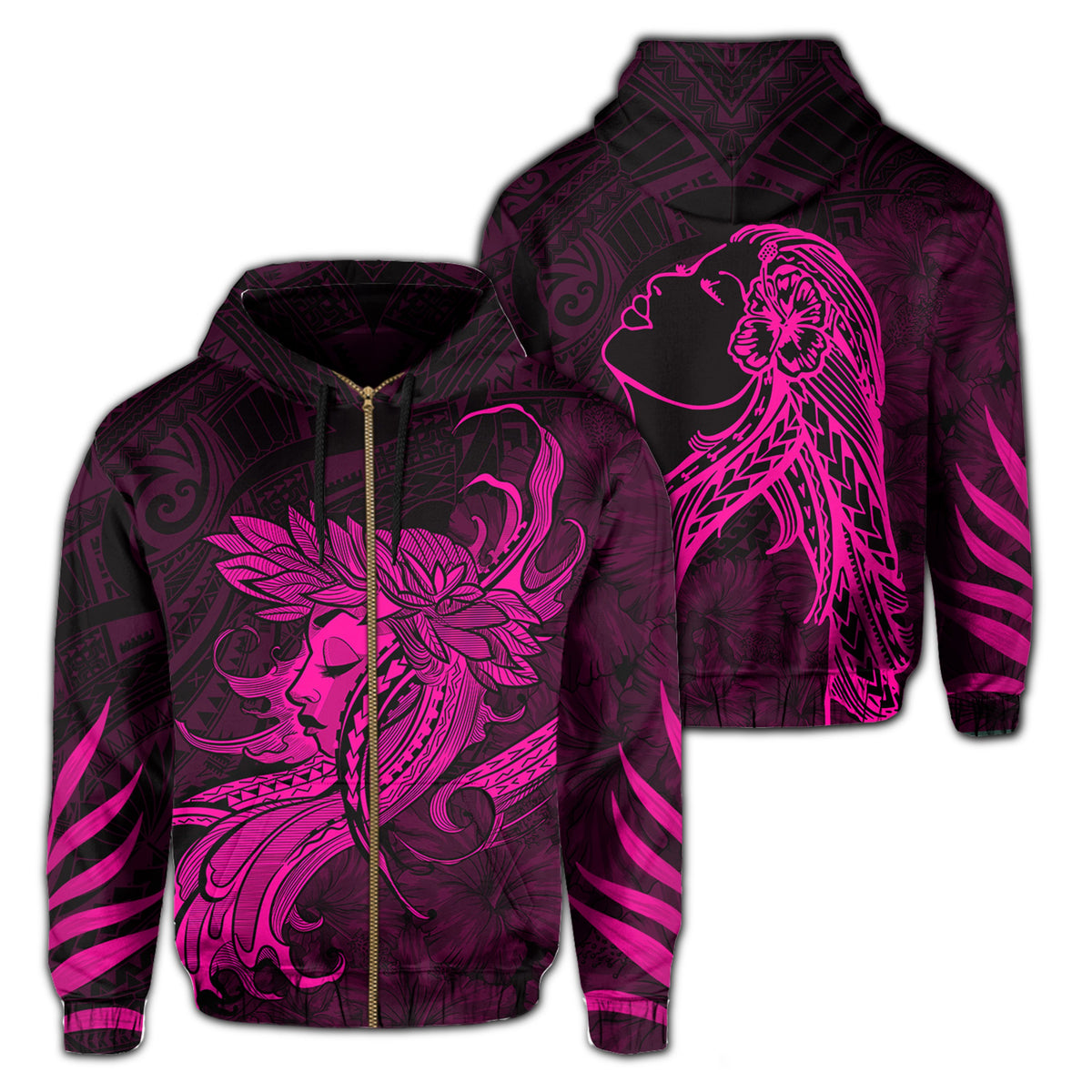 Polynesian Tropic Hula Girl Hibiscus Hawaii Zip Hoodie Pink Unisex Pink - Polynesian Pride