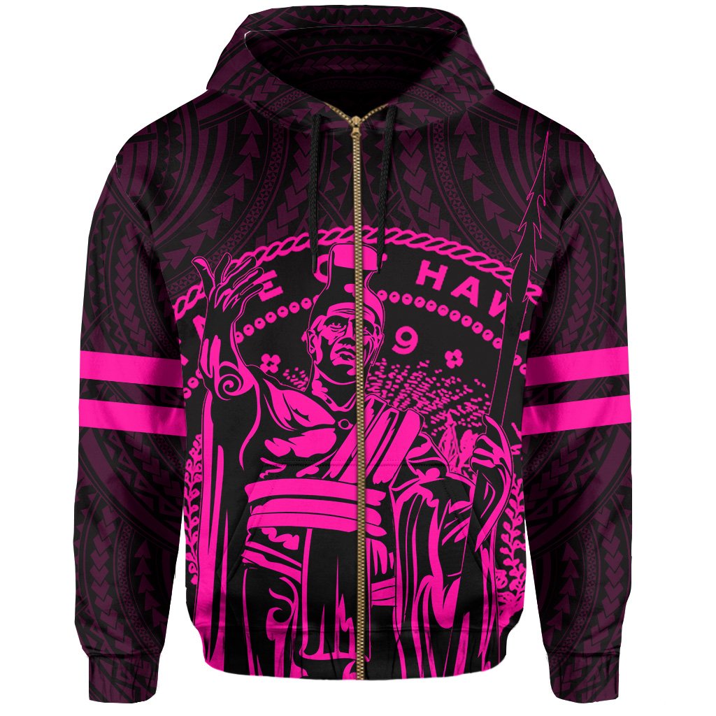 Polynesian King Kanaka Map Seal of Hawaii Zip Hoodie Pink - Polynesian Pride