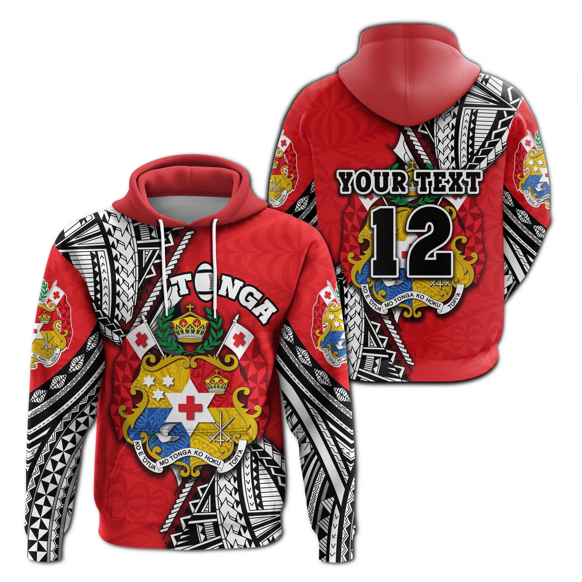 Custom Tonga Rugby Hoodie Polynesian Style Pinwheel Custom Text and Number Pullover Hoodie Red - Polynesian Pride