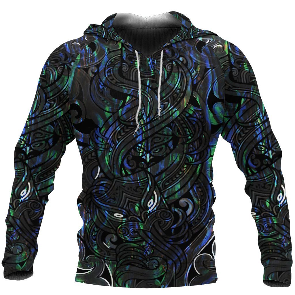 New Zealand Hoodie, Maori Gods Pullover Hoodie, Tumatauenga (God of War) Paua Shell Unisex Black - Polynesian Pride