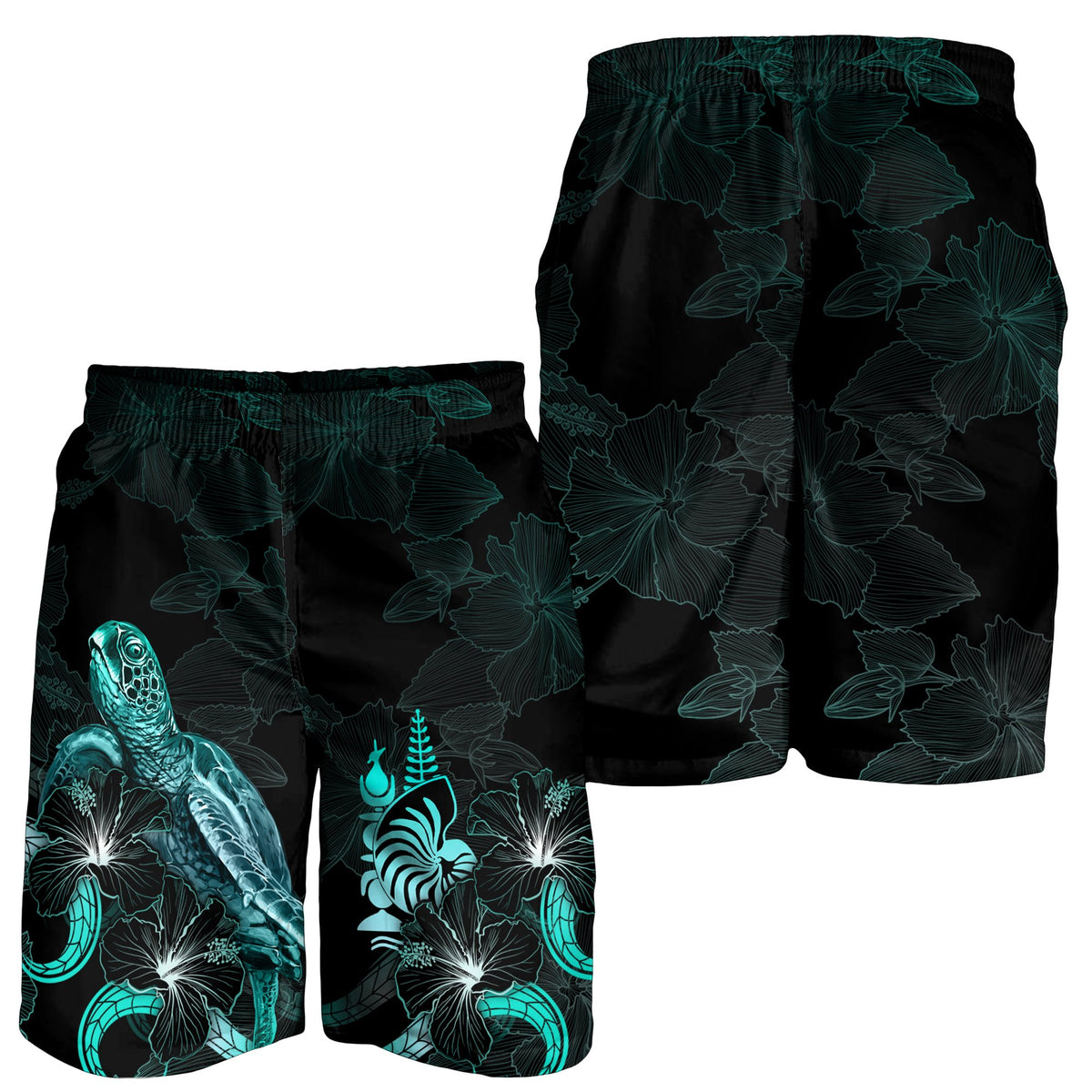 New Caledonia Polynesian Men's Shorts - Turtle With Blooming Hibiscus Turquoise - Polynesian Pride