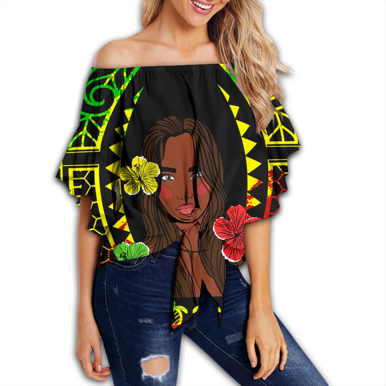 (Custom) Hawaii - Hawaiian Girl Reggae Off Shoulder Waist Wrap Top AH Female Black - Polynesian Pride