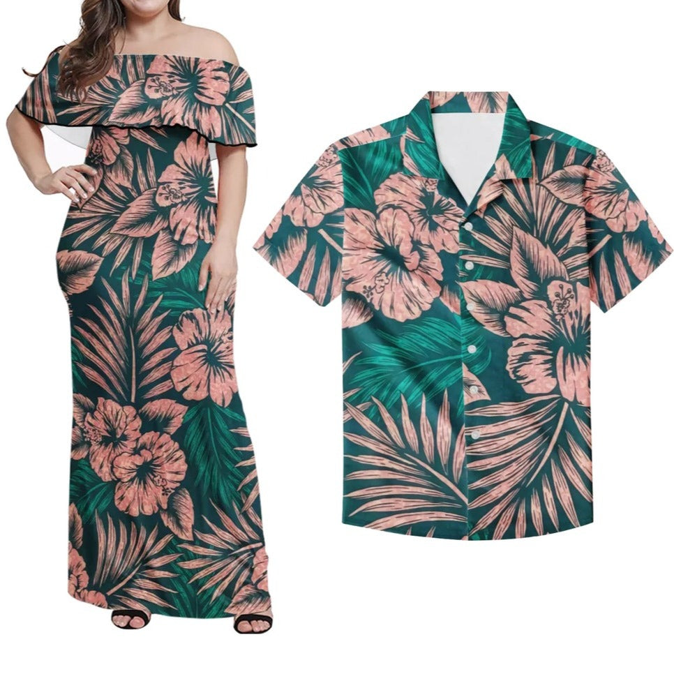 Polynesian Hawaiian Set Summer Spring Matching Dress and Hawaiian Shirt