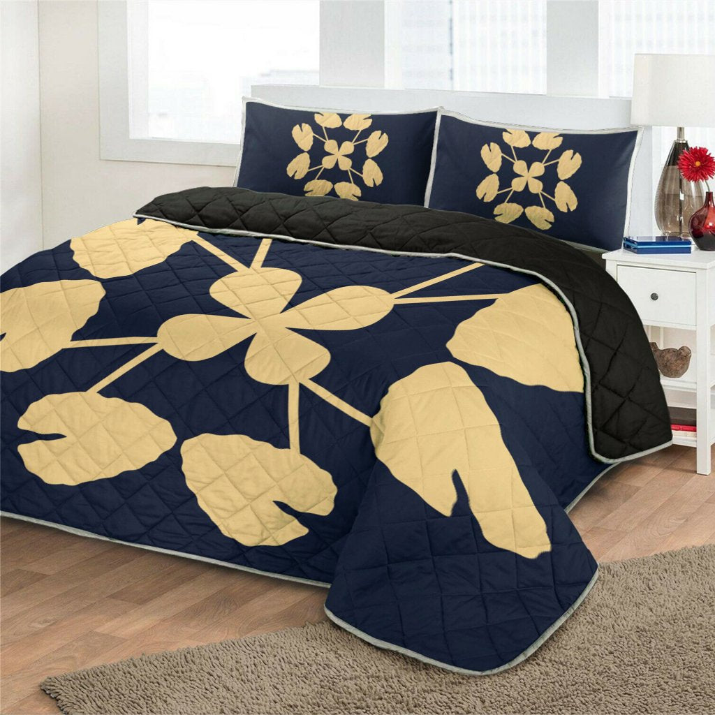 Hawaiian Royal Pattern Quilt Bed Set - Indigo - D3 Style - Polynesian Pride