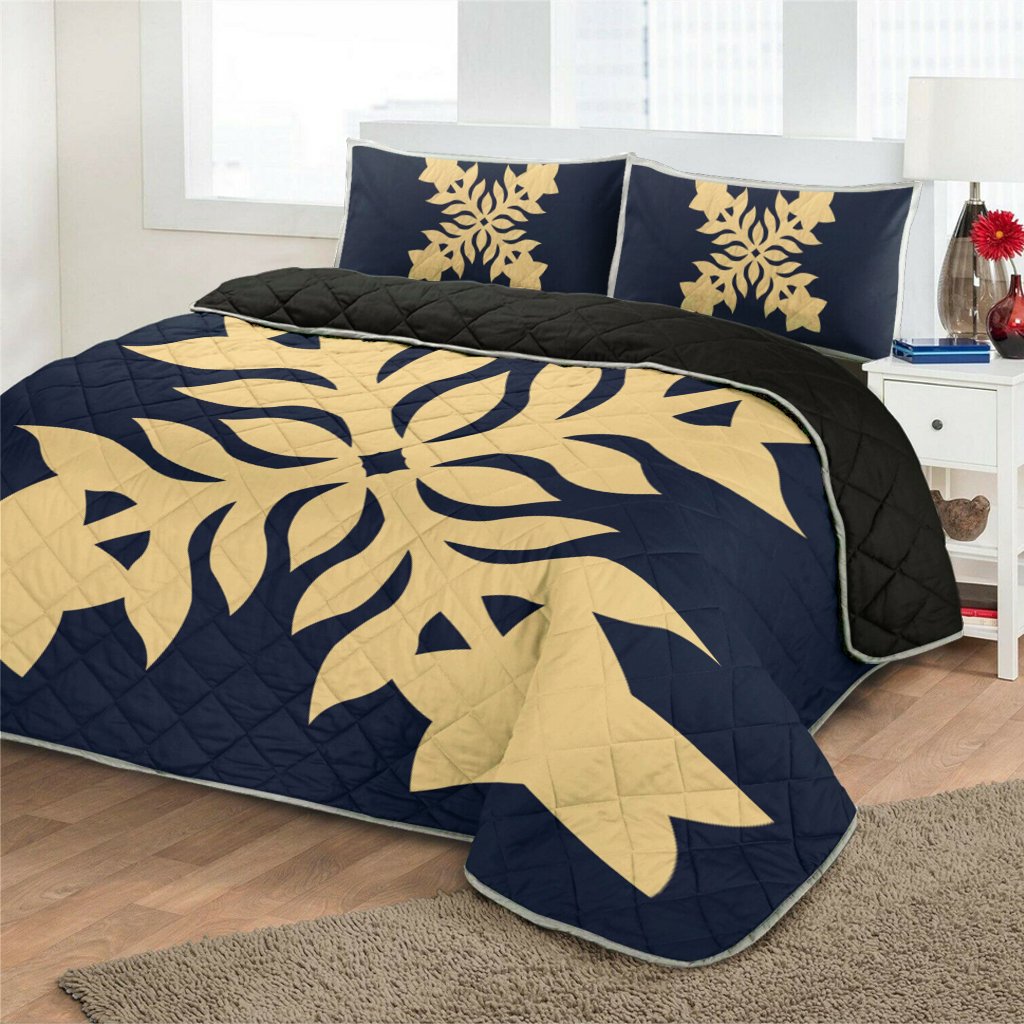 Hawaiian Royal Pattern Quilt Bed Set - Indigo - E2 Style - AH - Polynesian Pride