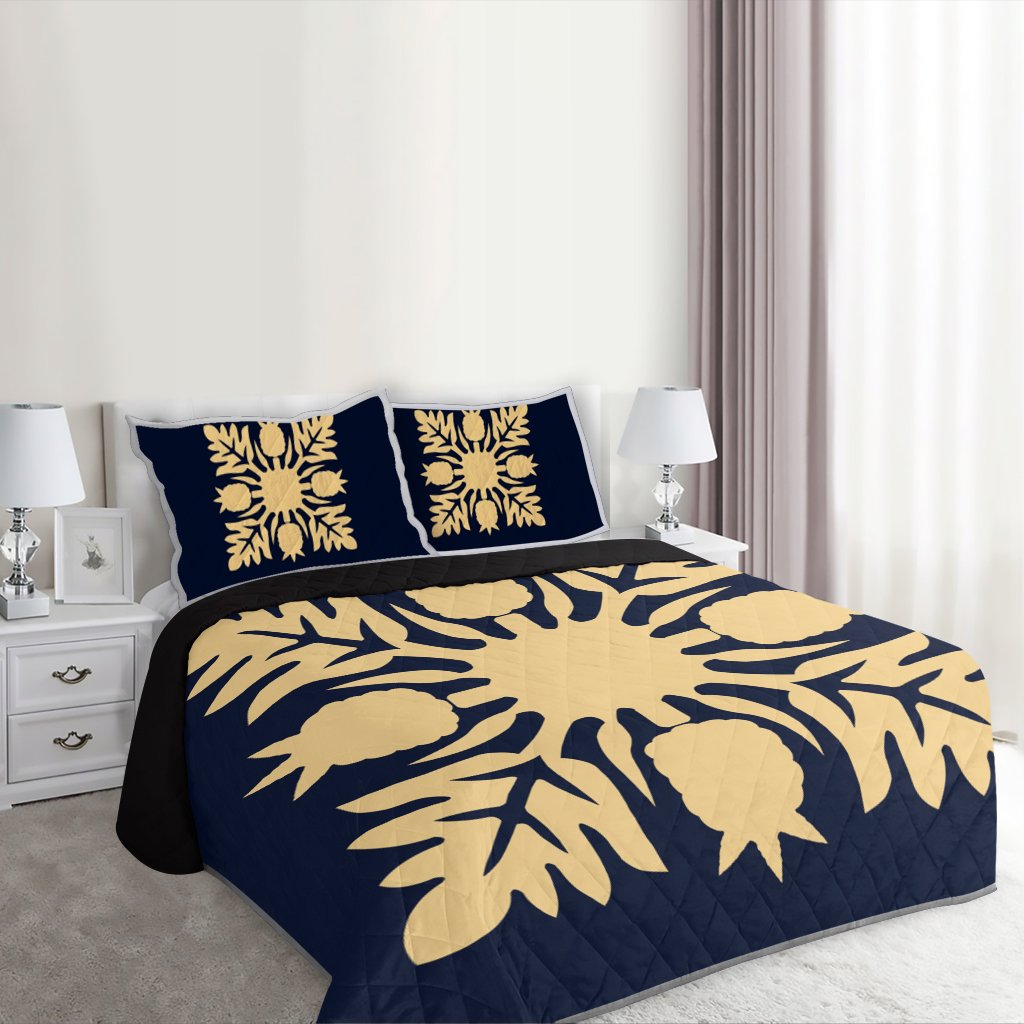 Hawaiian Royal Pattern Quilt Bed Set - Indigo - N1 Style - AH - Polynesian Pride