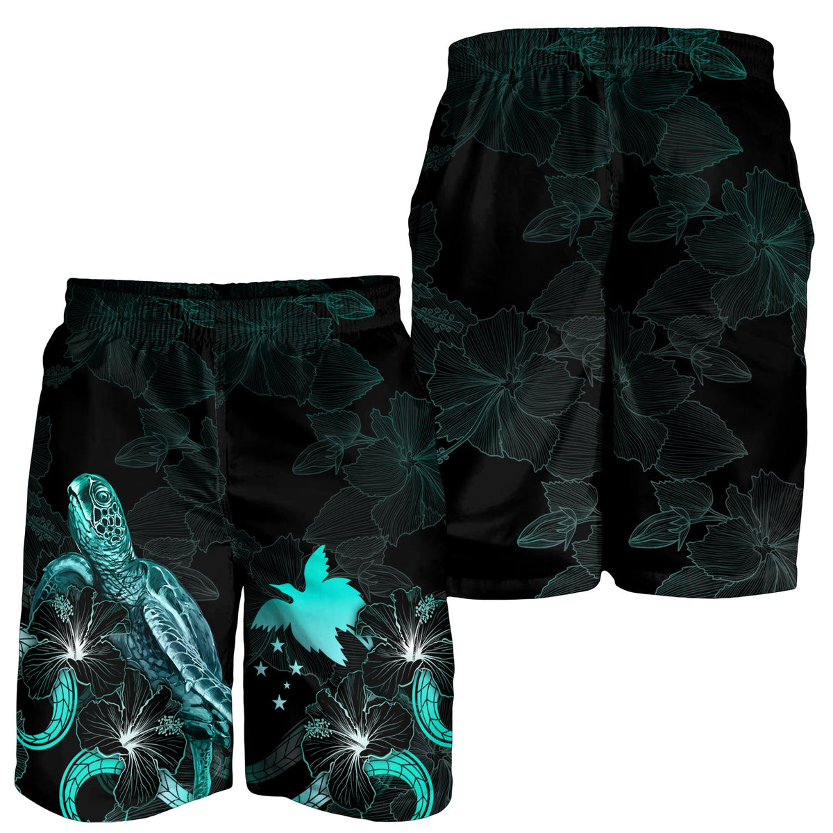 Papua New Guinea Polynesian Men's Shorts - Turtle With Blooming Hibiscus Turquoise - Polynesian Pride